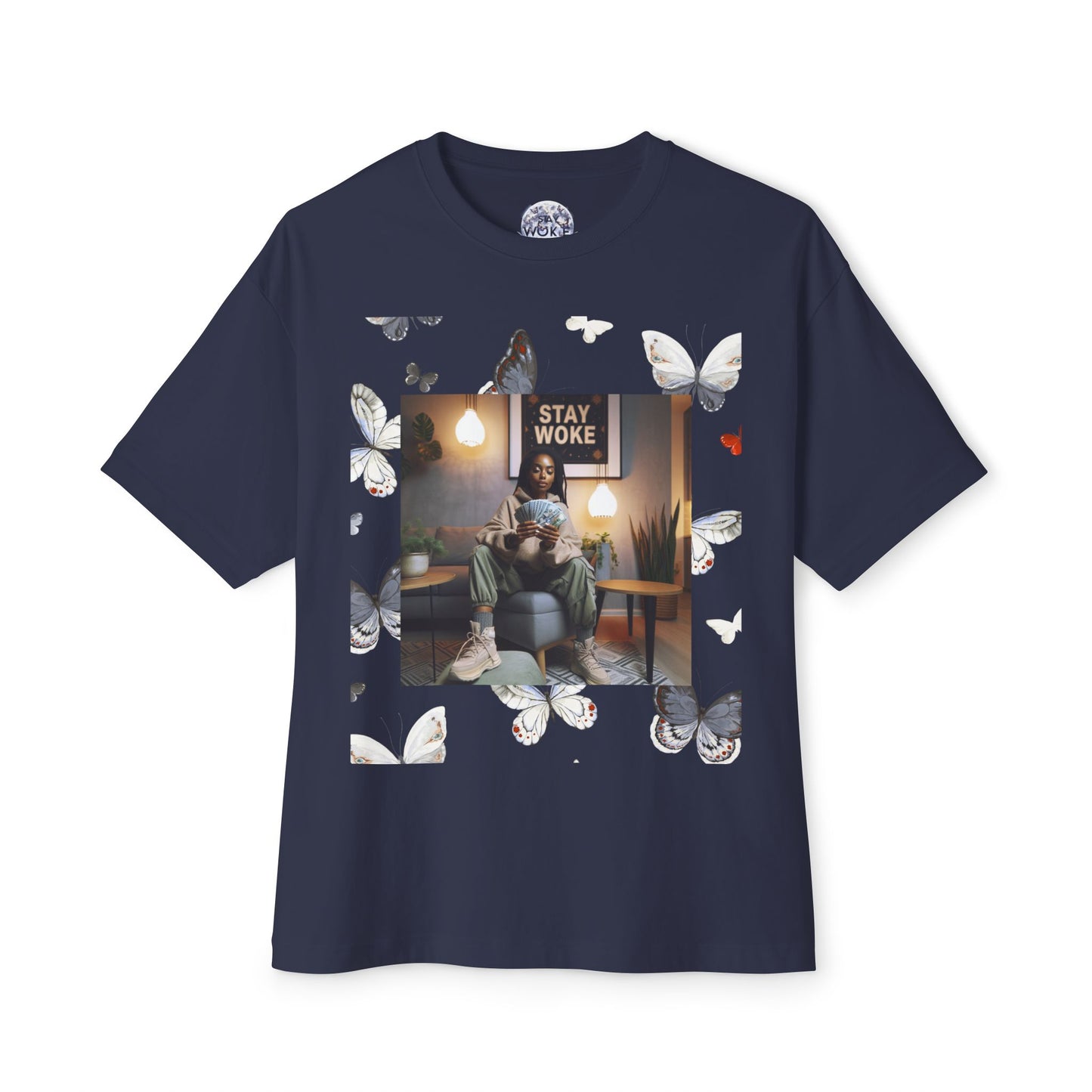 Stay Woke Oversized Tee - Inspirational Unisex Boxy Shirt, Casual Fashion, Streetwear Gift, Butterfly Graphic Tee, Relaxed Fit