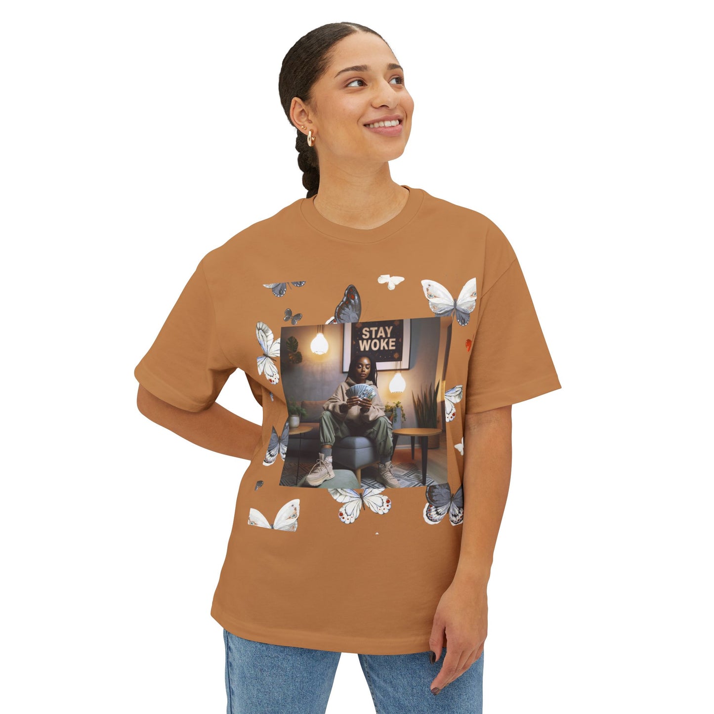 Stay Woke Oversized Tee - Inspirational Unisex Boxy Shirt, Casual Fashion, Streetwear Gift, Butterfly Graphic Tee, Relaxed Fit