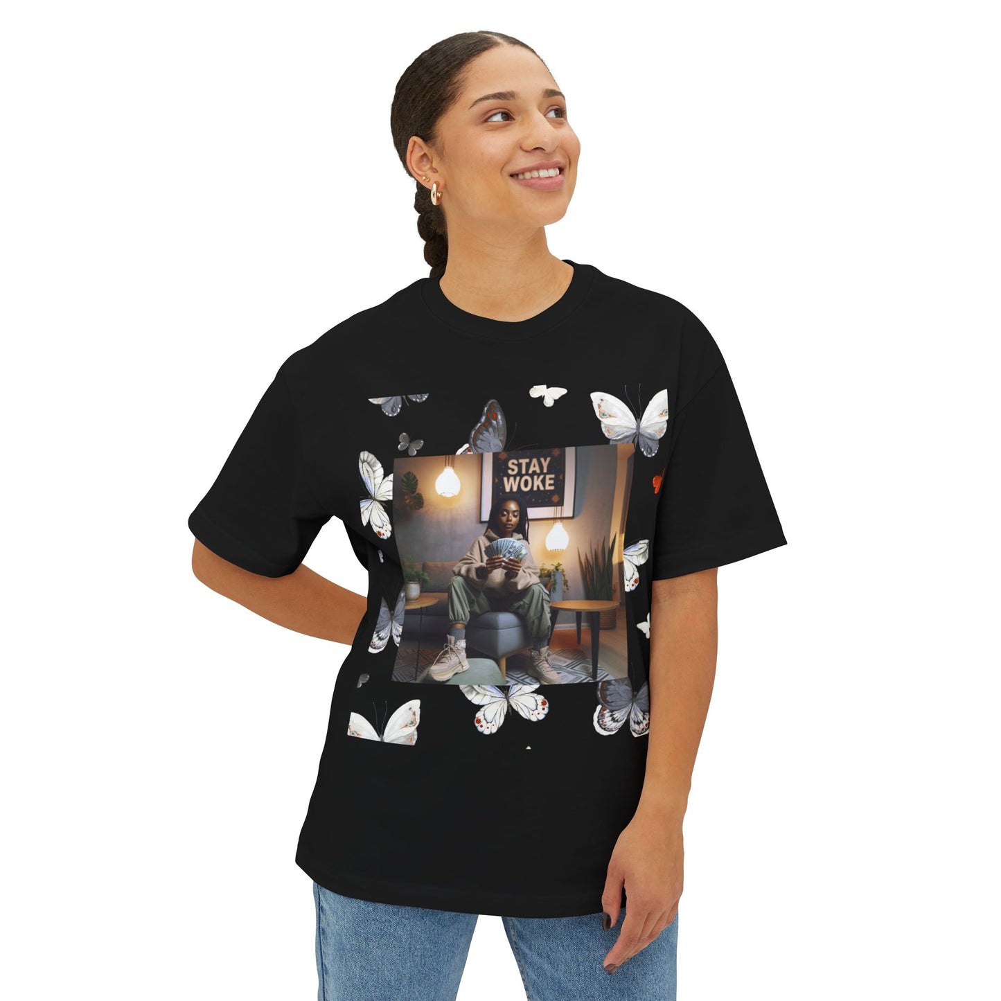 Stay Woke Oversized Tee - Inspirational Unisex Boxy Shirt, Casual Fashion, Streetwear Gift, Butterfly Graphic Tee, Relaxed Fit