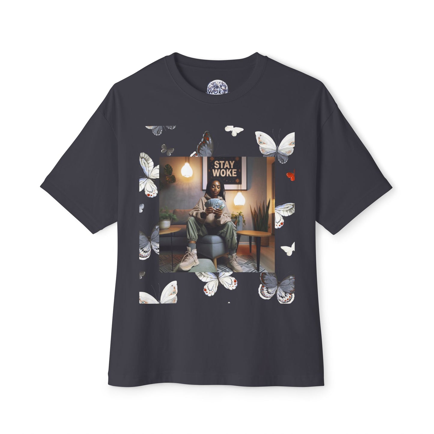 Stay Woke Oversized Tee - Inspirational Unisex Boxy Shirt, Casual Fashion, Streetwear Gift, Butterfly Graphic Tee, Relaxed Fit