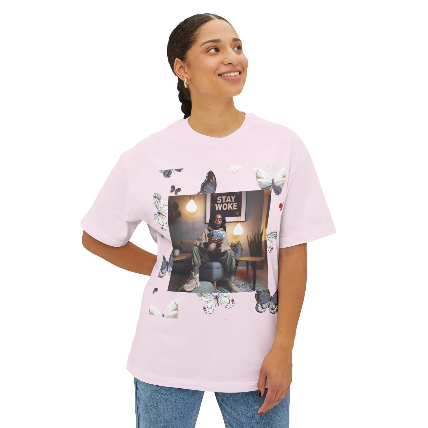 Stay Woke Oversized Tee - Inspirational Unisex Boxy Shirt, Casual Fashion, Streetwear Gift, Butterfly Graphic Tee, Relaxed Fit
