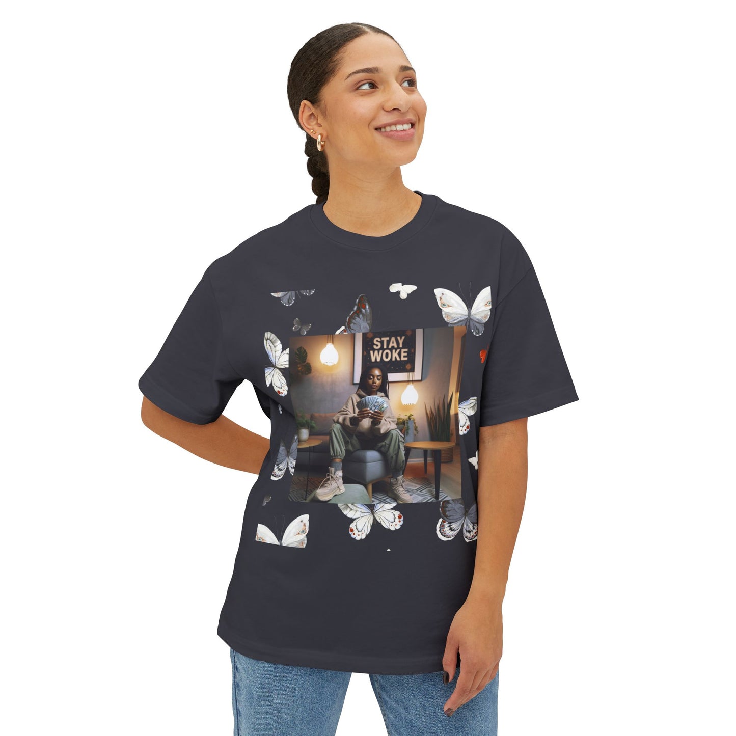 Stay Woke Oversized Tee - Inspirational Unisex Boxy Shirt, Casual Fashion, Streetwear Gift, Butterfly Graphic Tee, Relaxed Fit