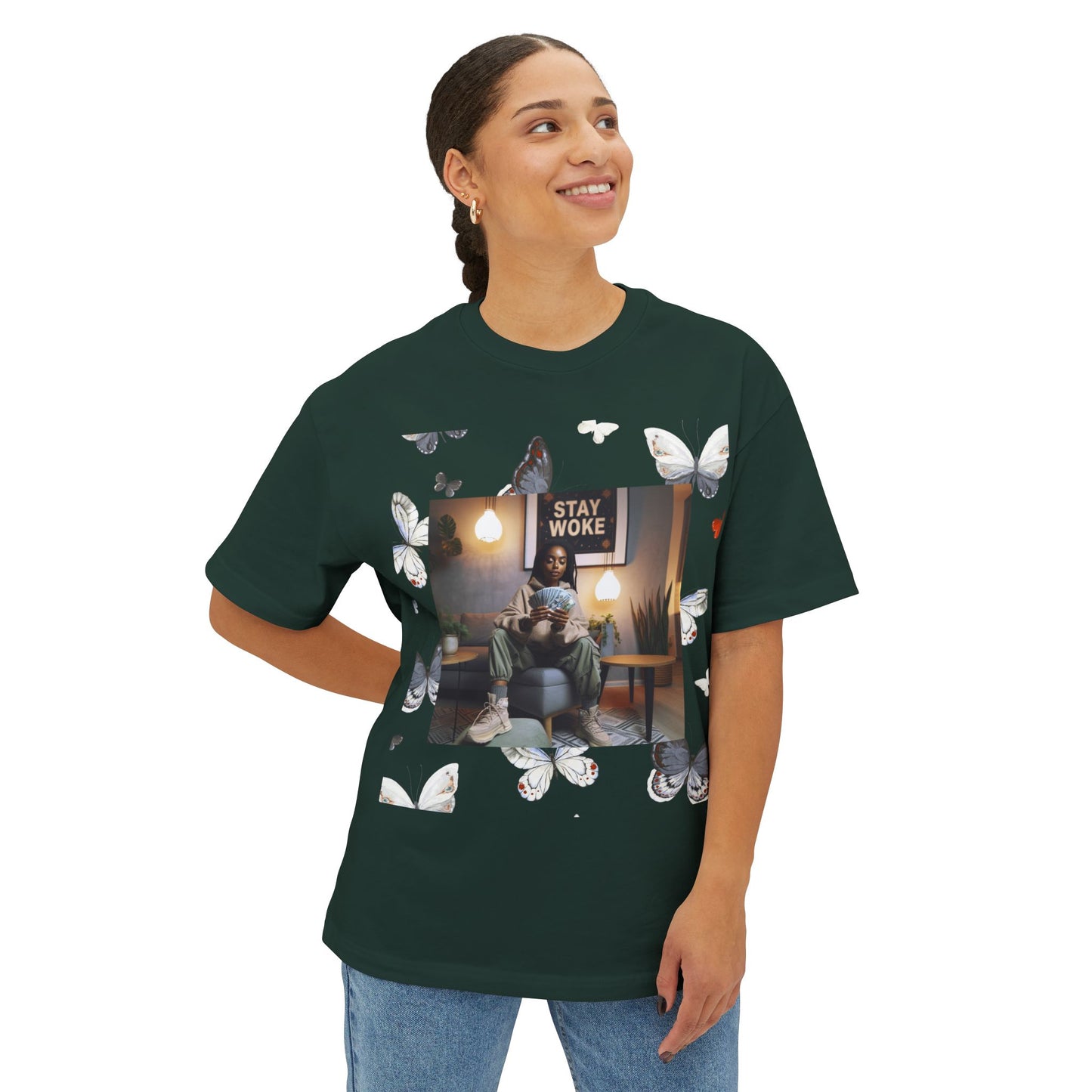 Stay Woke Oversized Tee - Inspirational Unisex Boxy Shirt, Casual Fashion, Streetwear Gift, Butterfly Graphic Tee, Relaxed Fit