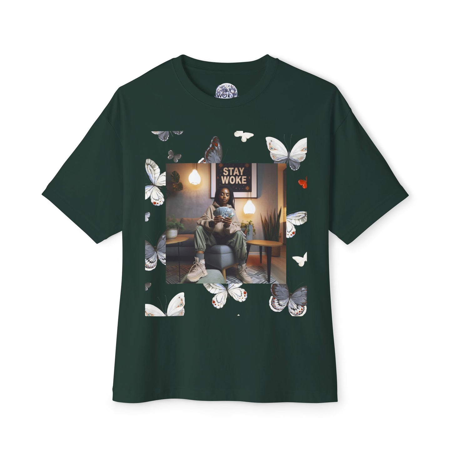 Stay Woke Oversized Tee - Inspirational Unisex Boxy Shirt, Casual Fashion, Streetwear Gift, Butterfly Graphic Tee, Relaxed Fit