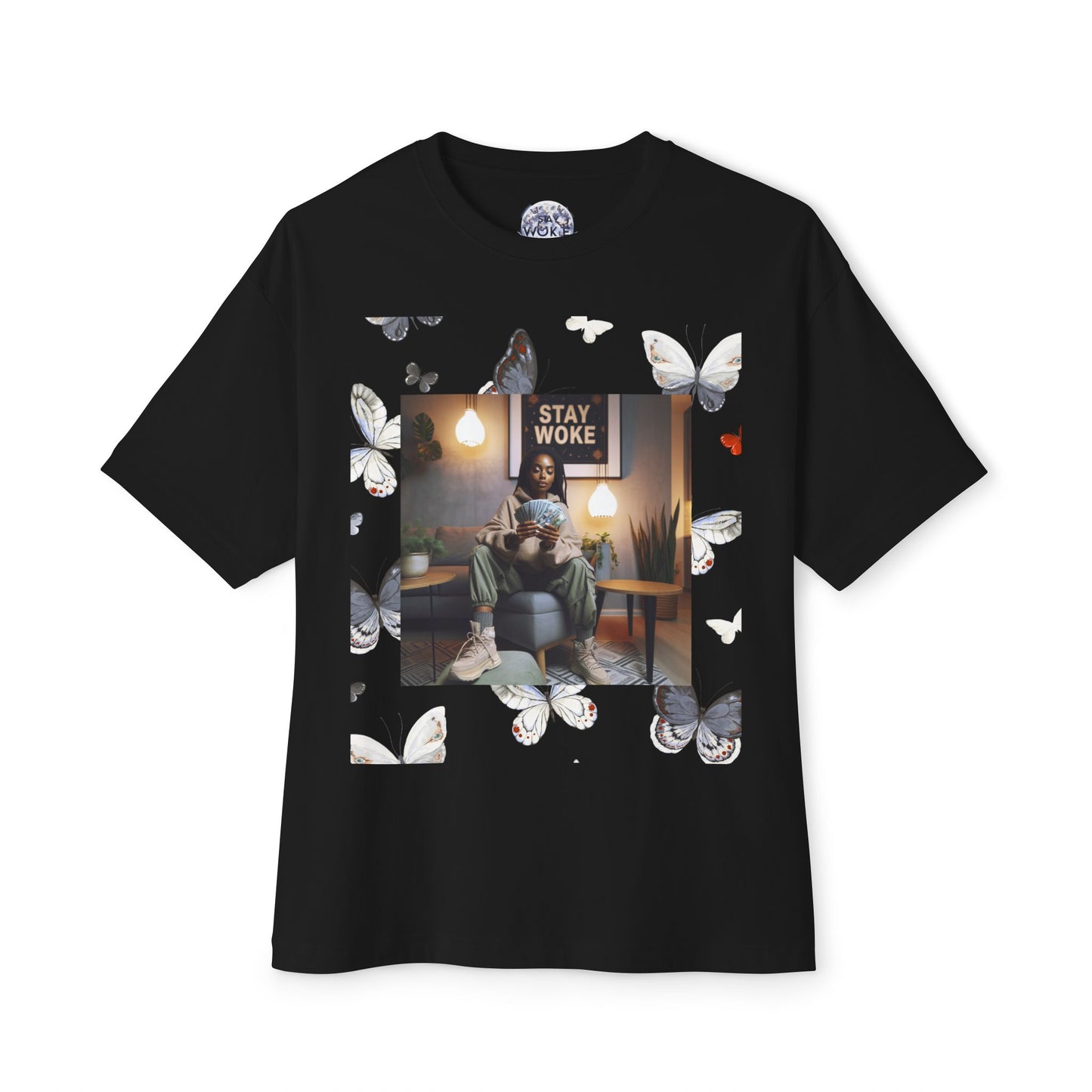 Stay Woke Oversized Tee - Inspirational Unisex Boxy Shirt, Casual Fashion, Streetwear Gift, Butterfly Graphic Tee, Relaxed Fit