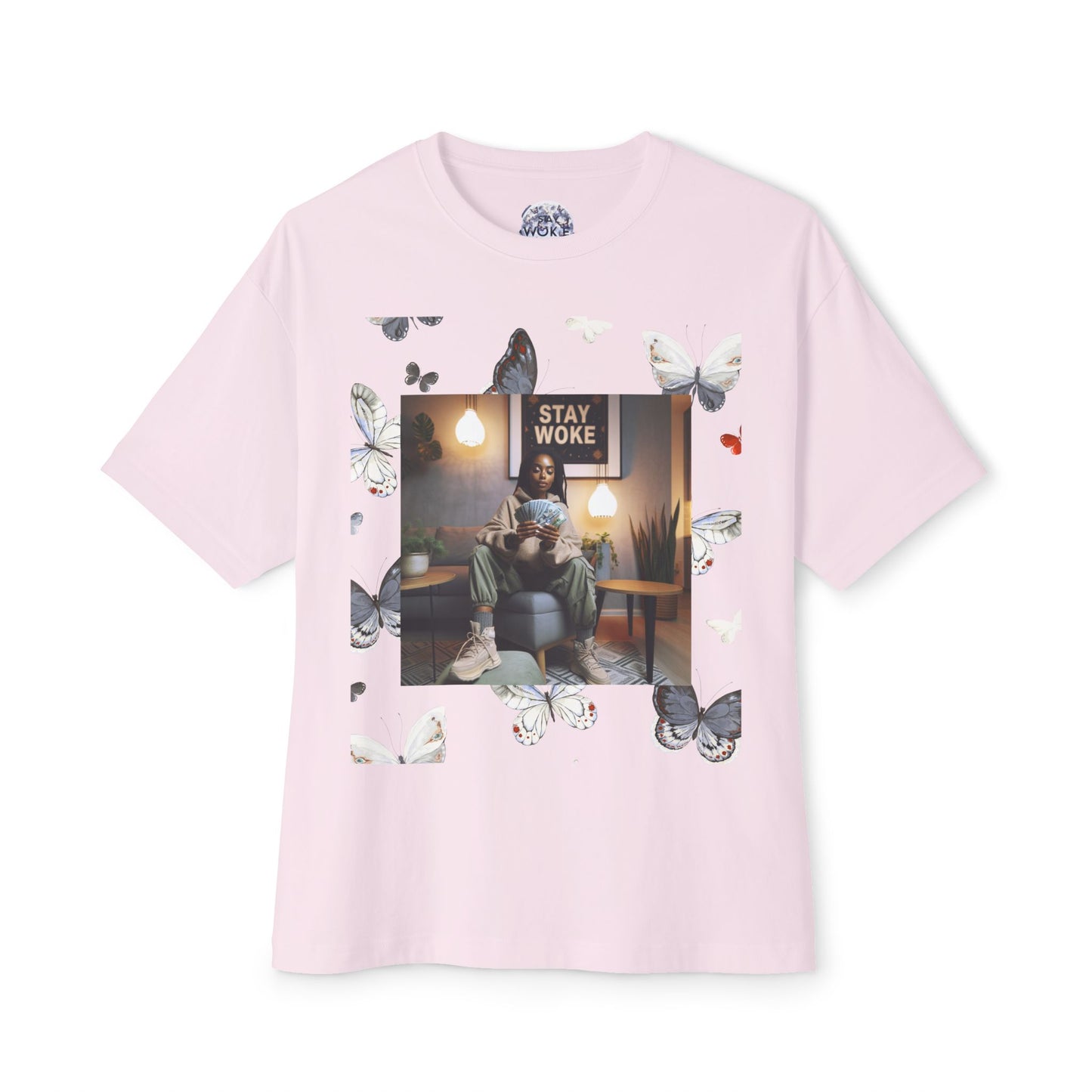 Stay Woke Oversized Tee - Inspirational Unisex Boxy Shirt, Casual Fashion, Streetwear Gift, Butterfly Graphic Tee, Relaxed Fit