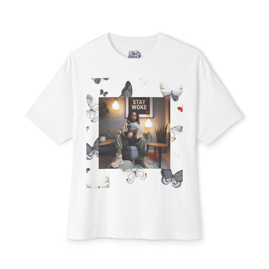 Stay Woke Oversized Tee - Inspirational Unisex Boxy Shirt, Casual Fashion, Streetwear Gift, Butterfly Graphic Tee, Relaxed Fit