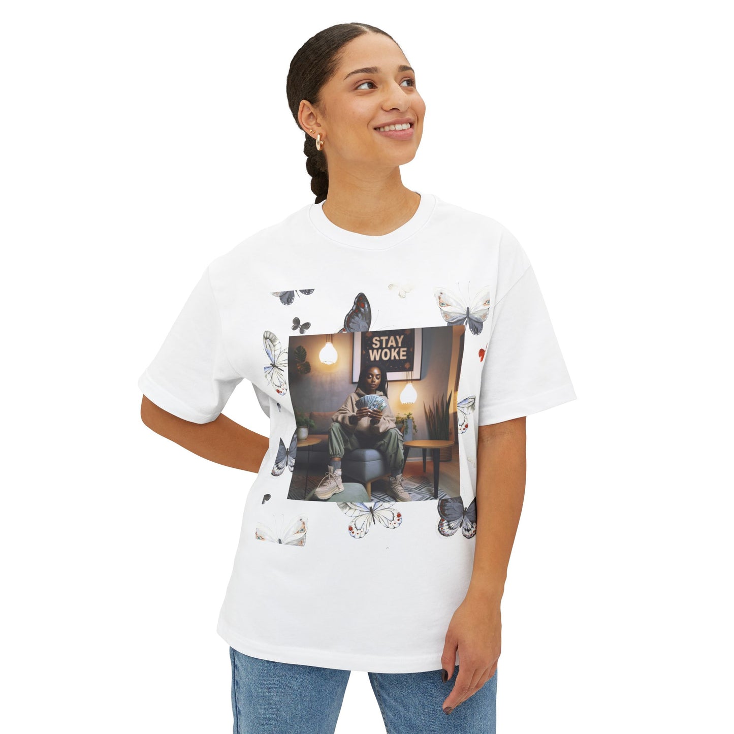 Stay Woke Oversized Tee - Inspirational Unisex Boxy Shirt, Casual Fashion, Streetwear Gift, Butterfly Graphic Tee, Relaxed Fit