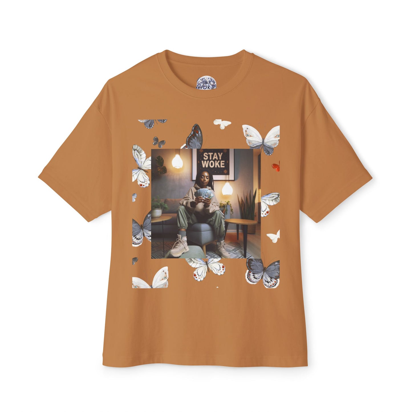 Stay Woke Oversized Tee - Inspirational Unisex Boxy Shirt, Casual Fashion, Streetwear Gift, Butterfly Graphic Tee, Relaxed Fit