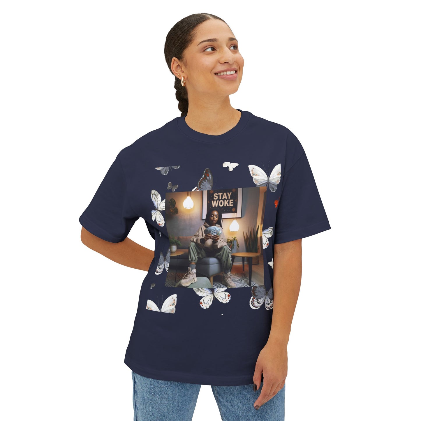 Stay Woke Oversized Tee - Inspirational Unisex Boxy Shirt, Casual Fashion, Streetwear Gift, Butterfly Graphic Tee, Relaxed Fit